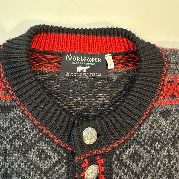 NORLENDER Knitwear Black Red Wool Knit Fair Isle Button Cardigan Sweater Size L - Picture 9 of 11